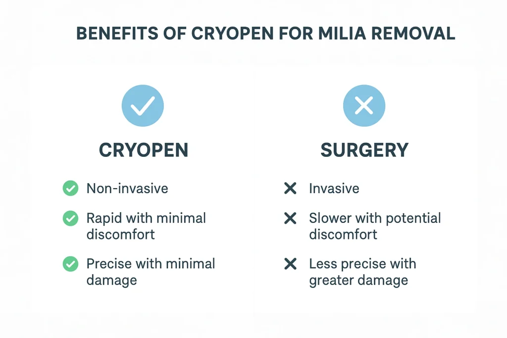 Benefits of cryopen for milia removal Swadlincote compared to surgical treatments.