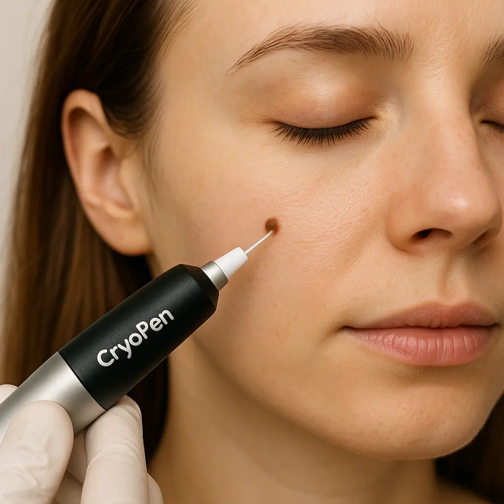 woman receiving facial mole removal Swadlincote using cryopen