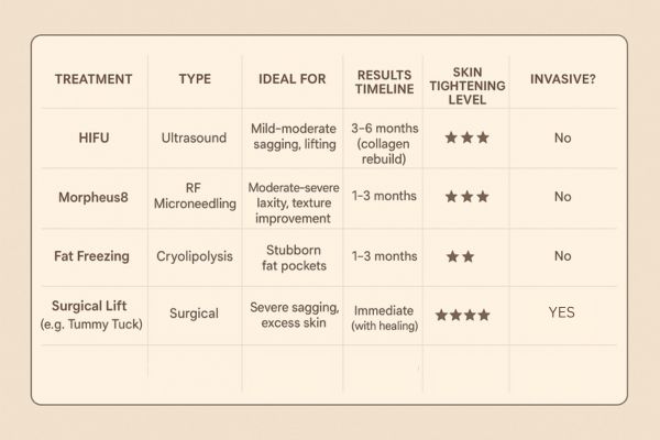 Table showing the comparisons of Skin tightening Swadlincote treatment options.